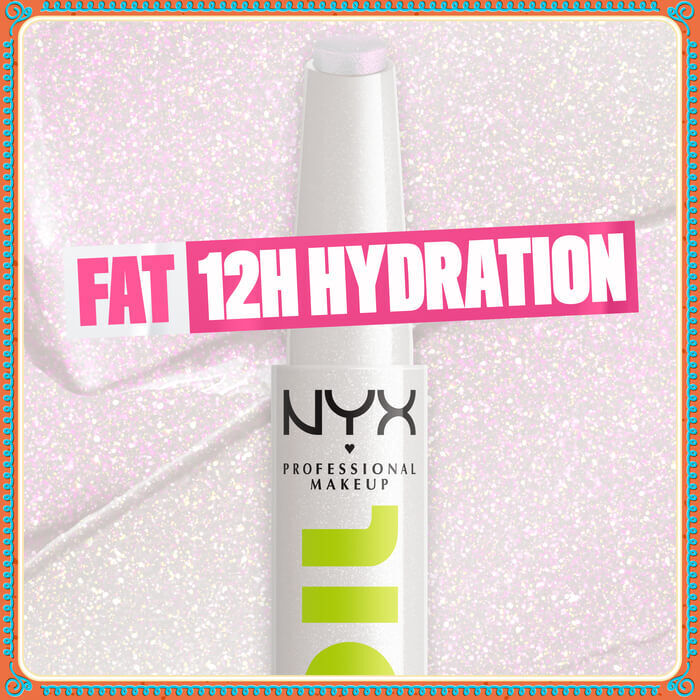 Shows a close-up of a single tube of NYX Fat Oil Slick Click. The primary benefit highlighted is "FAT 12H HYDRATION," set against a shimmery, light pink background.
