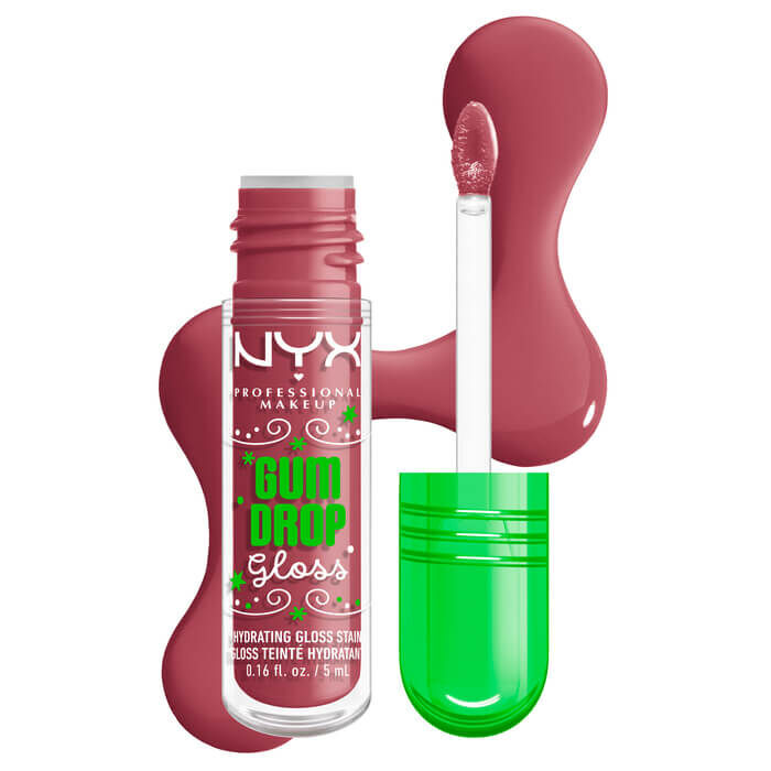 NYX Professional Makeup Gum Drop Gloss & Stain bottle shown with open applicator and a red candy-like textures swatch beside it in shade 02 Bubblegum Burst