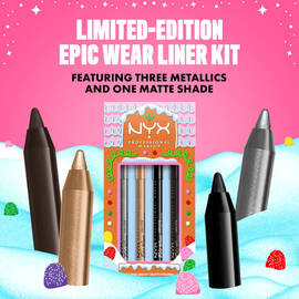 Features the NYX Professional Makeup Holiday Epic Wear Liner Stick Kit packaging. Text indicates it "FEATURING THREE METALLICS AND ONE MATTE SHADE." The four liner pencils (black, silver, gold, and brown) are displayed around the kit.