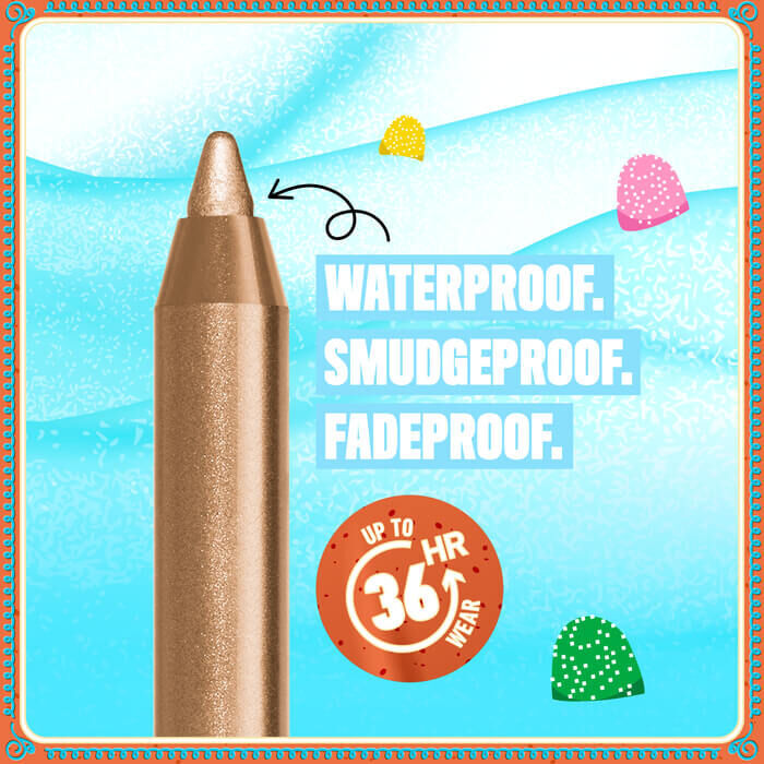 Features a close-up of a golden eyeliner pencil tip against a light blue, festive background. Text highlights its benefits: "WATERPROOF, SMUDGEPROOF, FADEPROOF," and emphasizes "36H WEAR" with a timer icon.