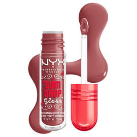 NYX Professional Makeup Gum Drop Gloss & Stain bottle shown with open applicator and a red candy-like textures swatch beside it in shade 01 Hydra Honey