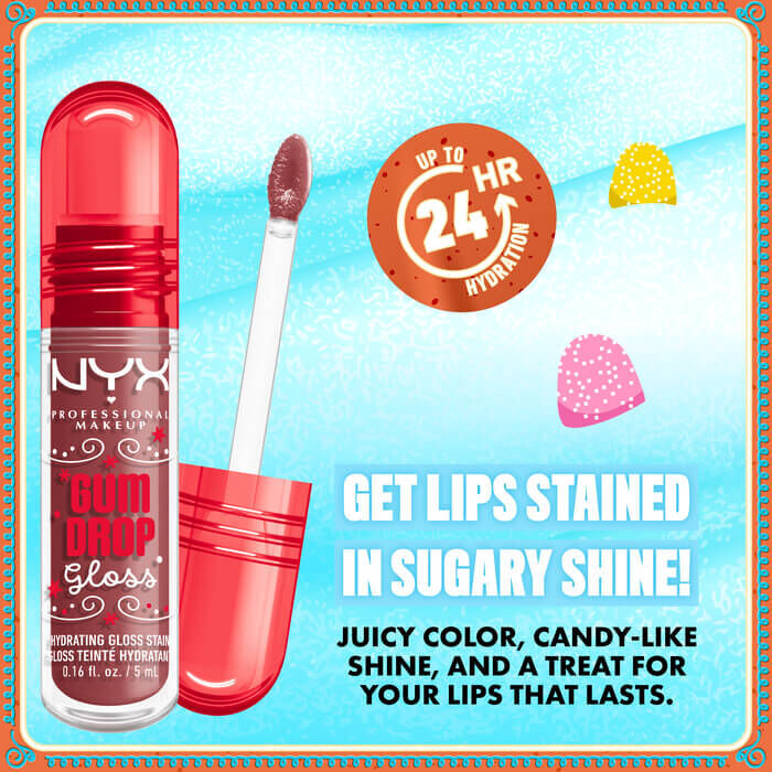 Close-up of NYX Professional Makeup Gum Drop Lip I.V. with claim: “Get lips stained in sugary shine – 24HR wear.” Surrounded by candy accents in shade 01 Hydra Honey