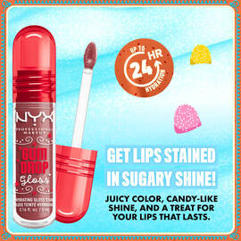 Close-up of NYX Professional Makeup Gum Drop Lip I.V. with claim: “Get lips stained in sugary shine – 24HR wear.” Surrounded by candy accents in shade 01 Hydra Honey