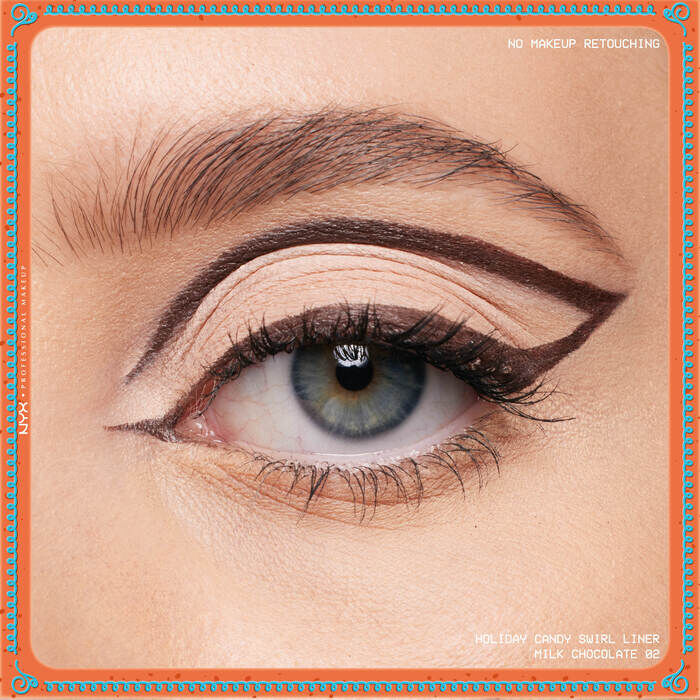 Eye close-up showcasing dramatic winged liner applied with metallic finish of NYX Professional Makeup Holiday Candy Swirl Liner in shade 02 Milk Chocolate