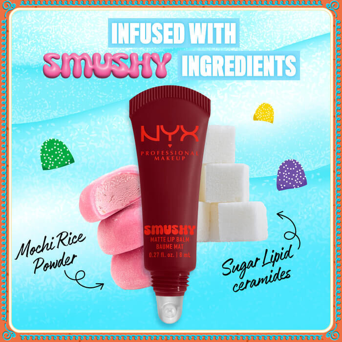 Balm tube placed beside pastel sweets and ingredient labels: “Mochi Rice Powder,” “Sugar Liquid Emulsifier.” in Smushy Matte Lip Balm in shade 07 Swipe 2 Smooth