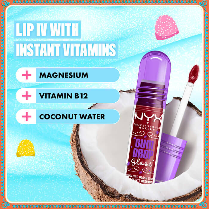Coconut, vitamin icons, and water splash with text with NYX Professional Makeup Gum Drop Lip I.V. product: “With Instant Vitamins – Magnesium, Vitamin B12, Coconut Water.” in shade 03 Cranberry Splash