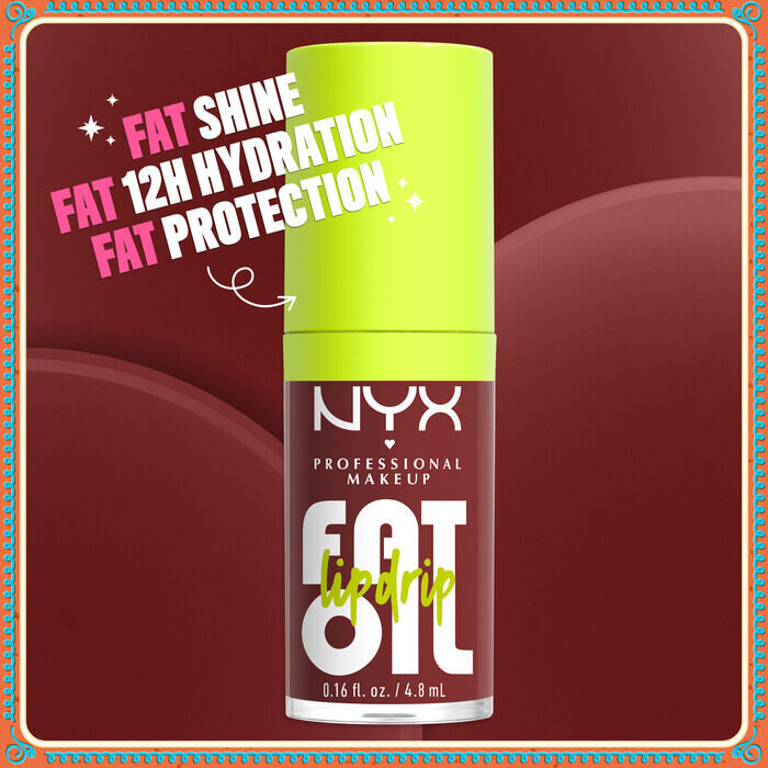 Shows a close-up of a single tube of NYX Fat Oil lip gloss. Text around it highlights its primary benefits: "FAT SHINE," "FAT 12H HYDRATION," and "FAT PROTECTION." The tube has a neon green cap.