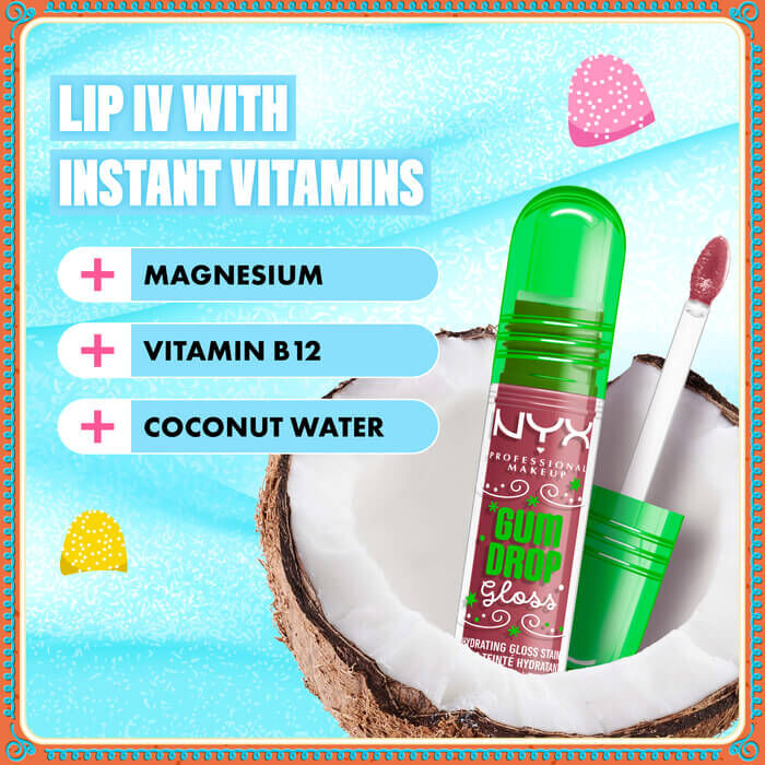 Coconut, vitamin icons, and water splash with text with NYX Professional Makeup Gum Drop Lip I.V. product: “With Instant Vitamins – Magnesium, Vitamin B12, Coconut Water.” in shade 02 Bubblegum Burst