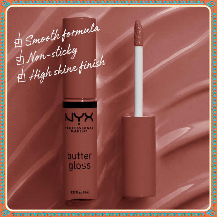 Focuses on a single tube of NYX Professional Makeup Holiday Butter Gloss Vault. Text overlays highlight its features: "Smooth formula," "Non-sticky," and "High shine finish."