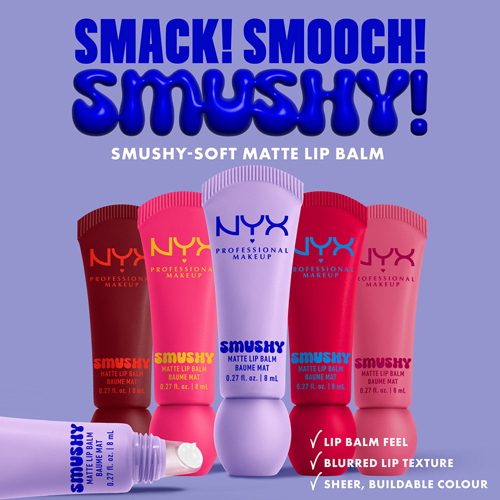 line up of NYX smushy lip balm in different shades